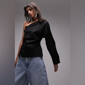 NWT Nordstrom POPLIN ONE SHOULDER SHIRT IN BLACK size 10